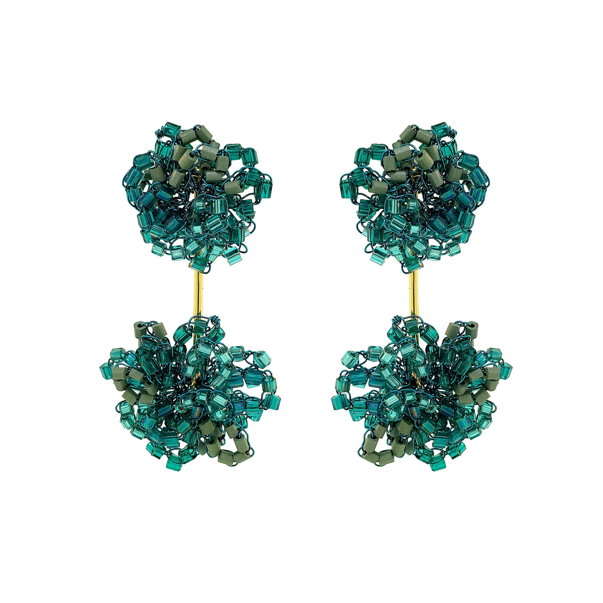 Agatha Beaded Pom-Pom Drop Earrings - Teal