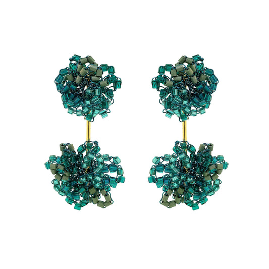 Agatha Beaded Pom-Pom Drop Earrings - Teal