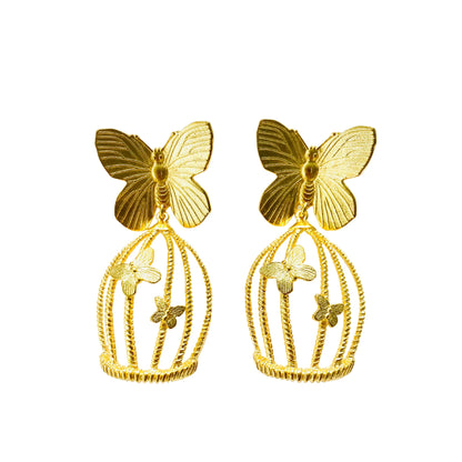 Gold Butterfly Bird Cage Earrings
