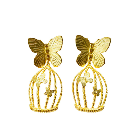 Gold Butterfly Bird Cage Earrings