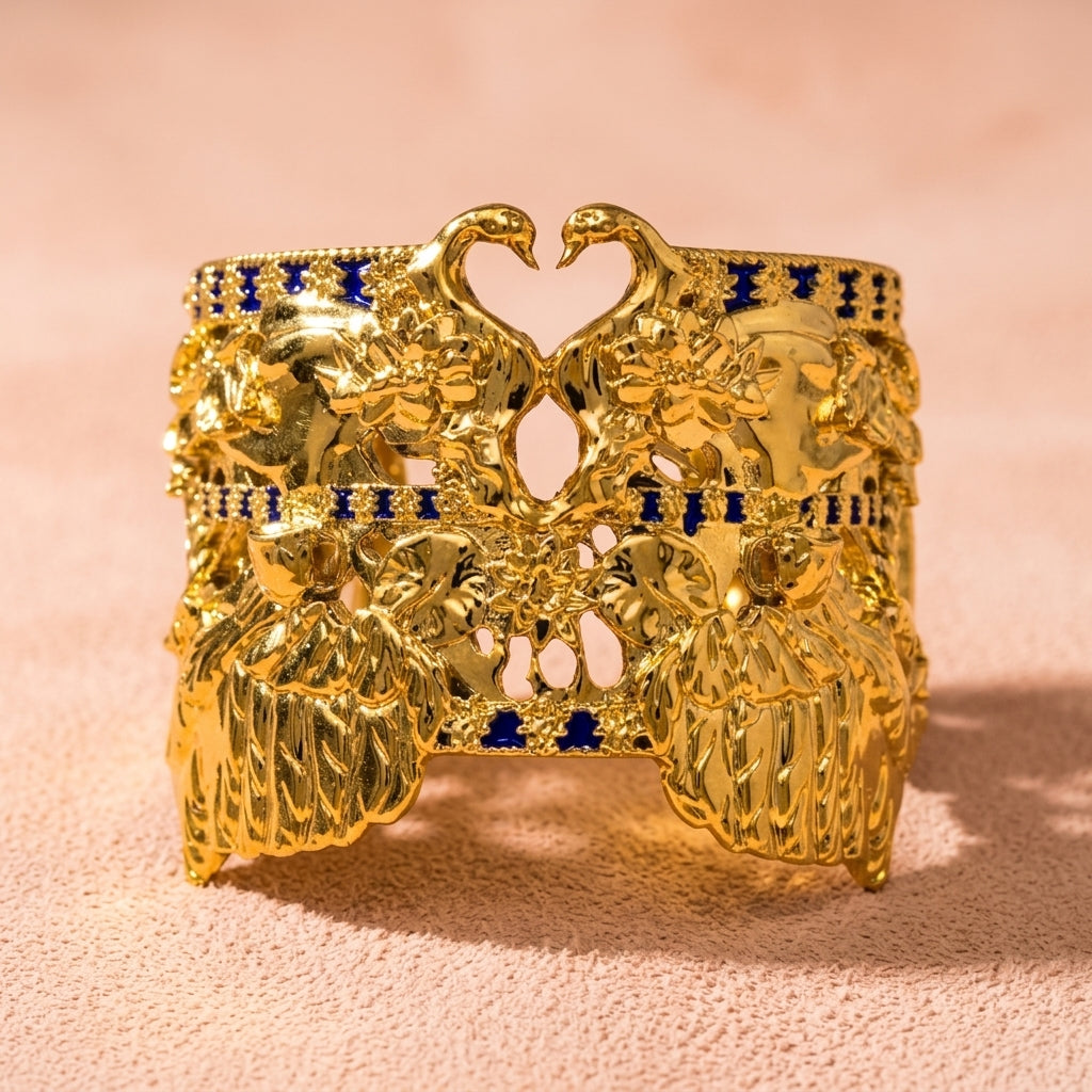 Tea and Lilies Cuff Bracelet - Gold with Cobalt Blue Accents
