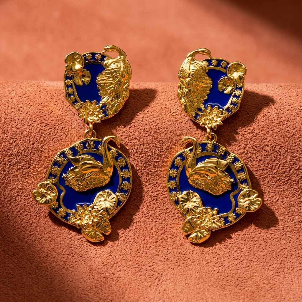Tea and Lilies Drop Earrings - Cobalt Blue & Gold