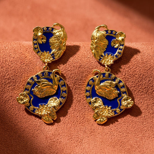 Tea and Lilies Drop Earrings - Cobalt Blue & Gold