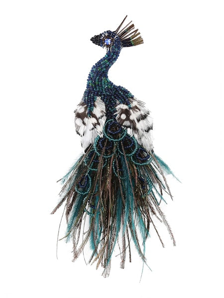 Peacock Brooch - Beaded with Feathers