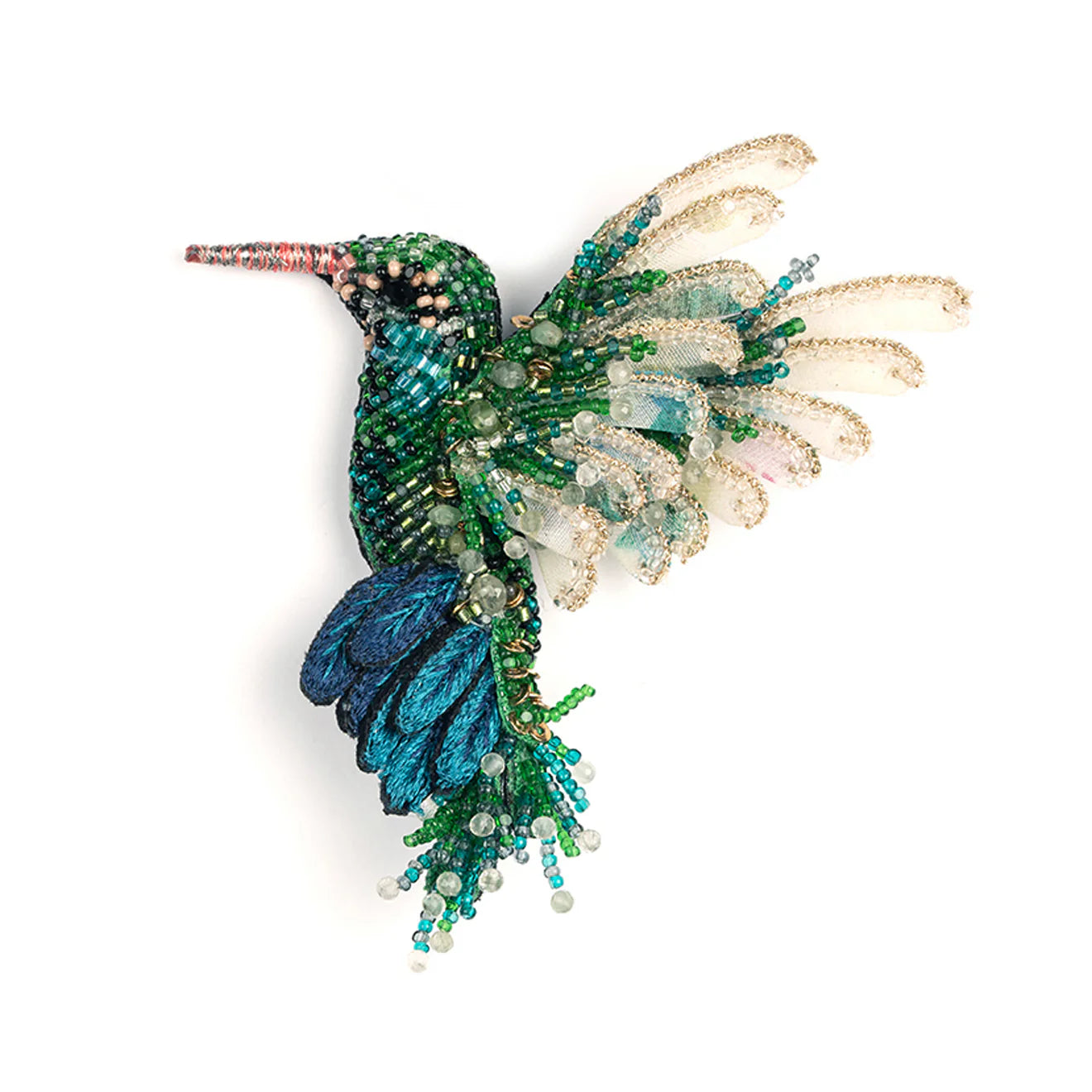 Hummingbird Beaded Brooch - Emerald