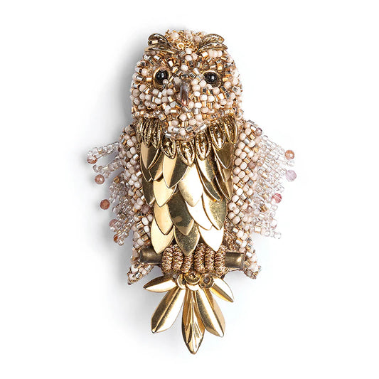 Tawny Owl Beaded Brooch - Gold