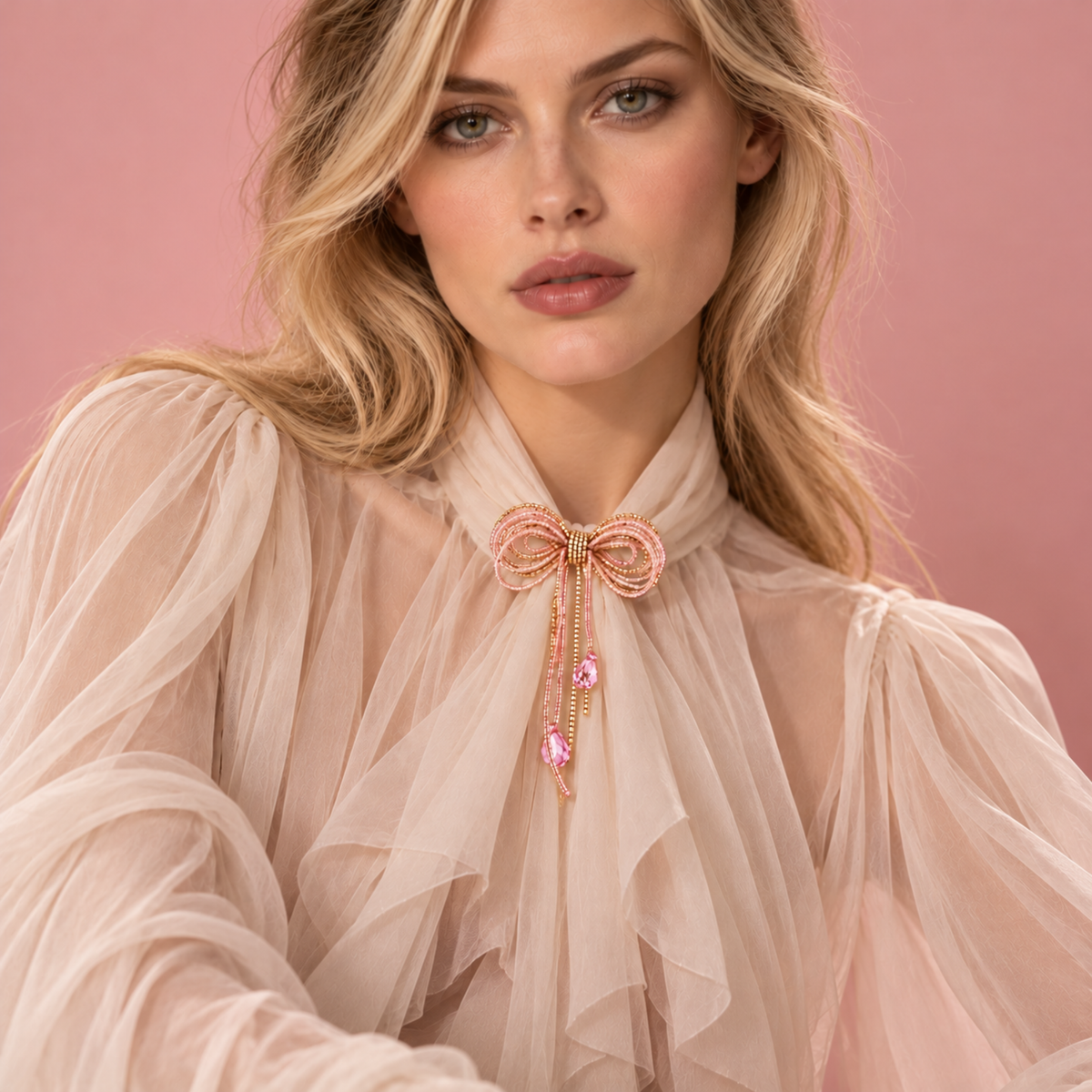Coquette Beaded Bow Brooch - Pink & Gold