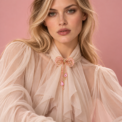 Coquette Beaded Bow Brooch - Pink & Gold