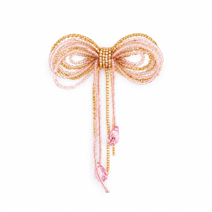 Coquette Beaded Bow Brooch - Pink & Gold