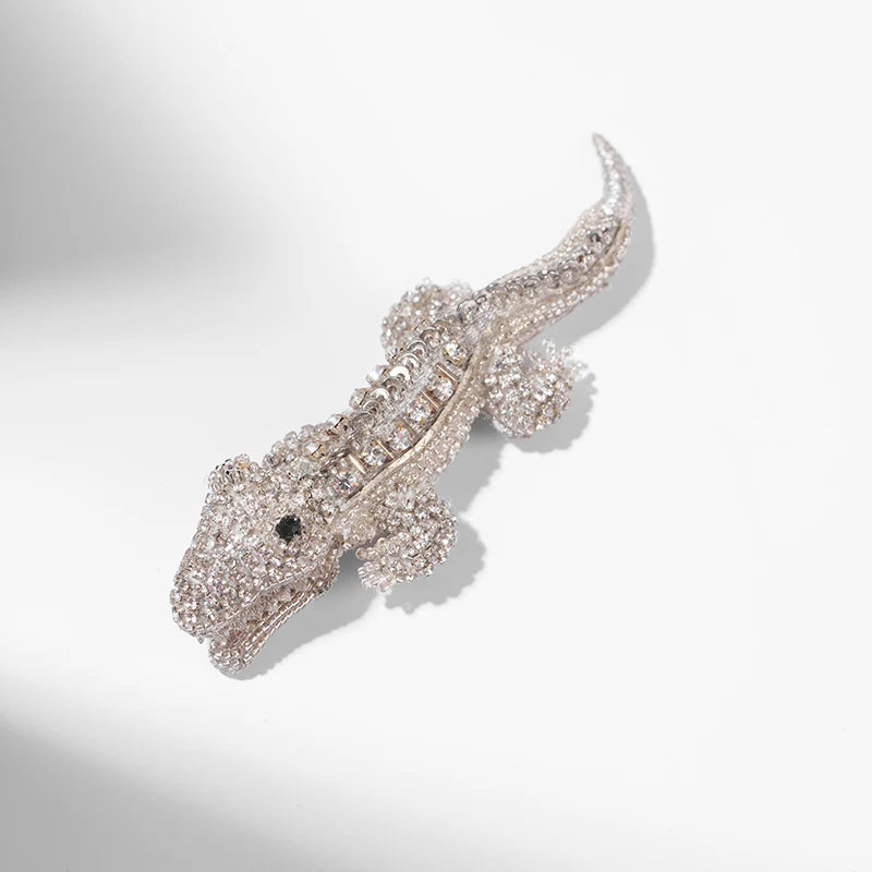 Alligator on Ice Beaded Brooch - Silver