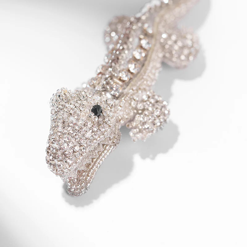 Alligator on Ice Beaded Brooch - Silver