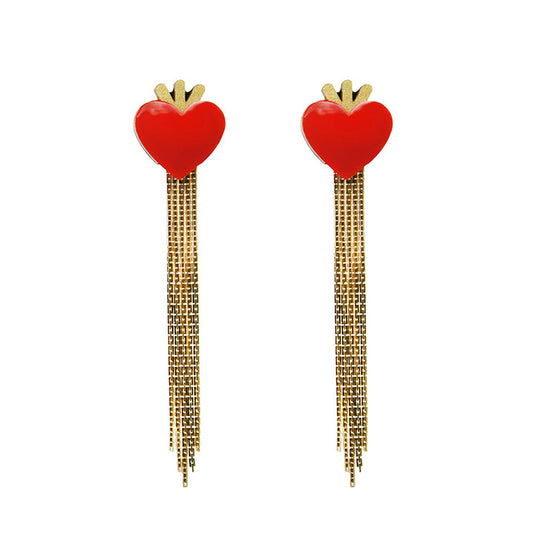 Heart Fringe Earrings - Red