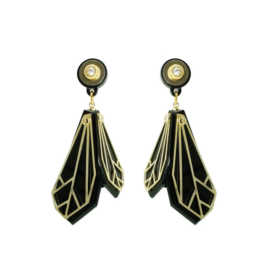 Wing Drop Earrings - Black & Gold