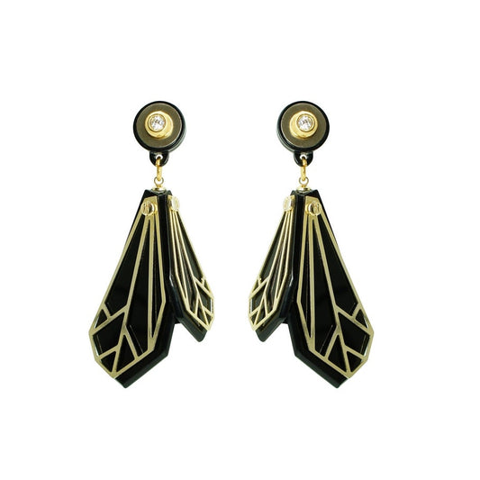 Wing Drop Earrings - Black & Gold