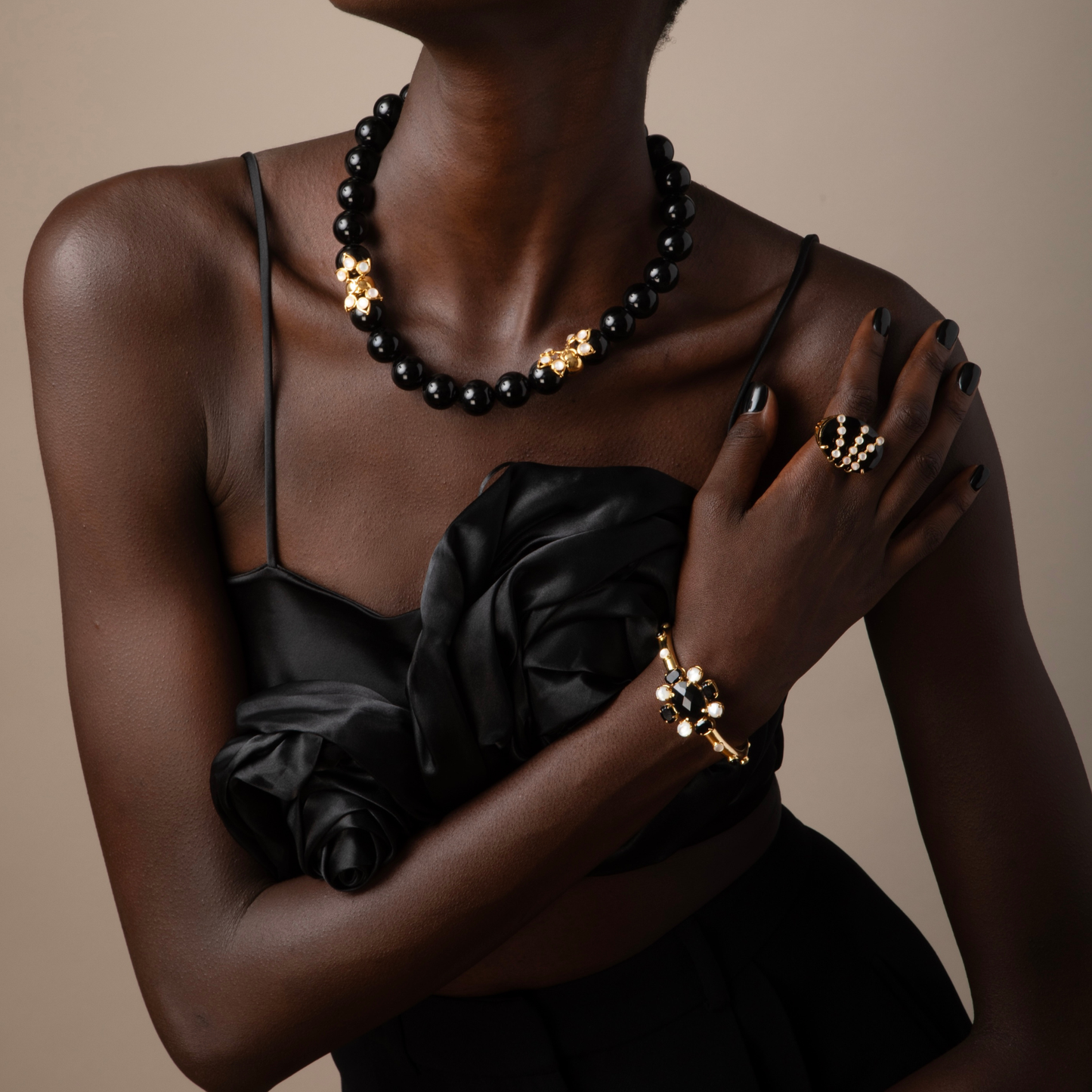 Cleo Floral Burst Cuff Bracelet - Onyx, Mother of Pearl & Gold