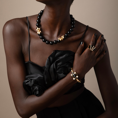 Cleo Floral Burst Cuff Bracelet - Onyx, Mother of Pearl & Gold