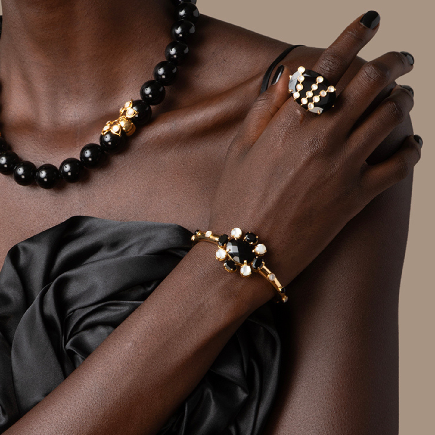 Cleo Floral Burst Cuff Bracelet - Onyx, Mother of Pearl & Gold