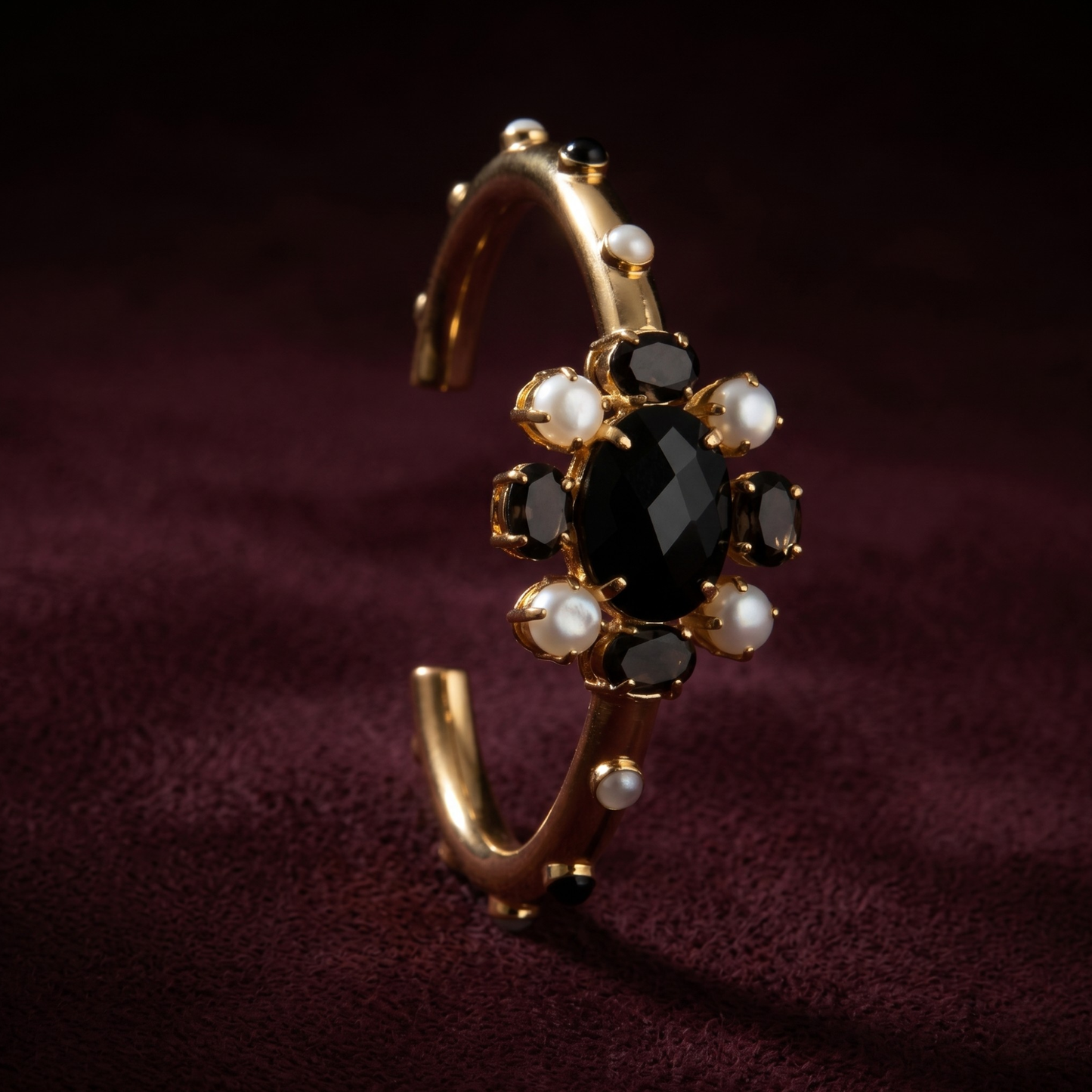Cleo Floral Burst Cuff Bracelet - Onyx, Mother of Pearl & Gold