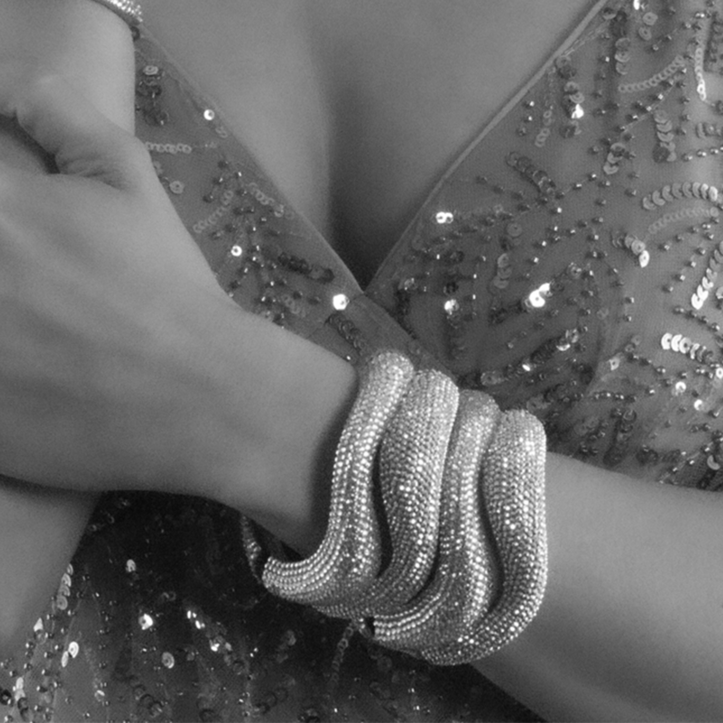 Double Curve Crystal Bangle Bracelet - Black & White