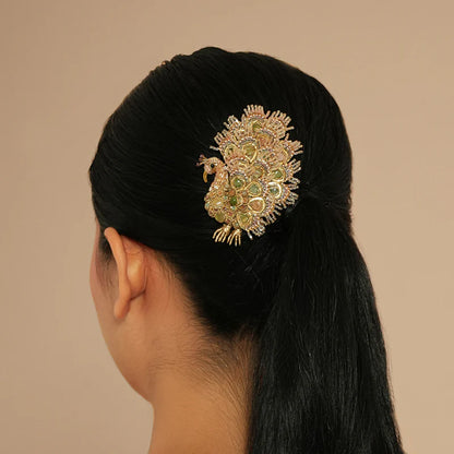 Maharaja Peacock Brooch - Sage & Gold