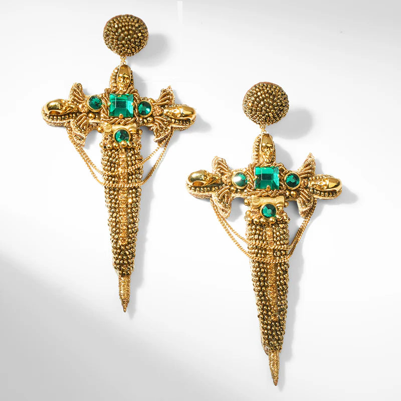 Dagger Beaded Earrings - Green & Gold