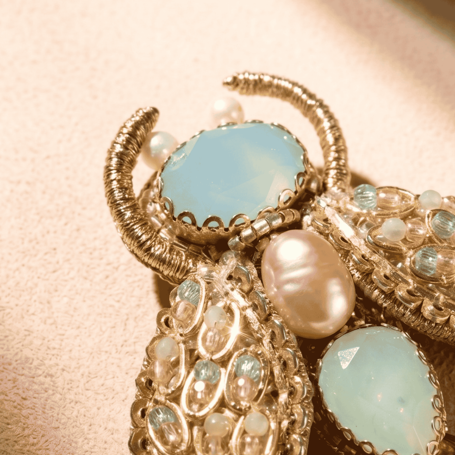 Beetle Brooch - Mint & Gold Beaded