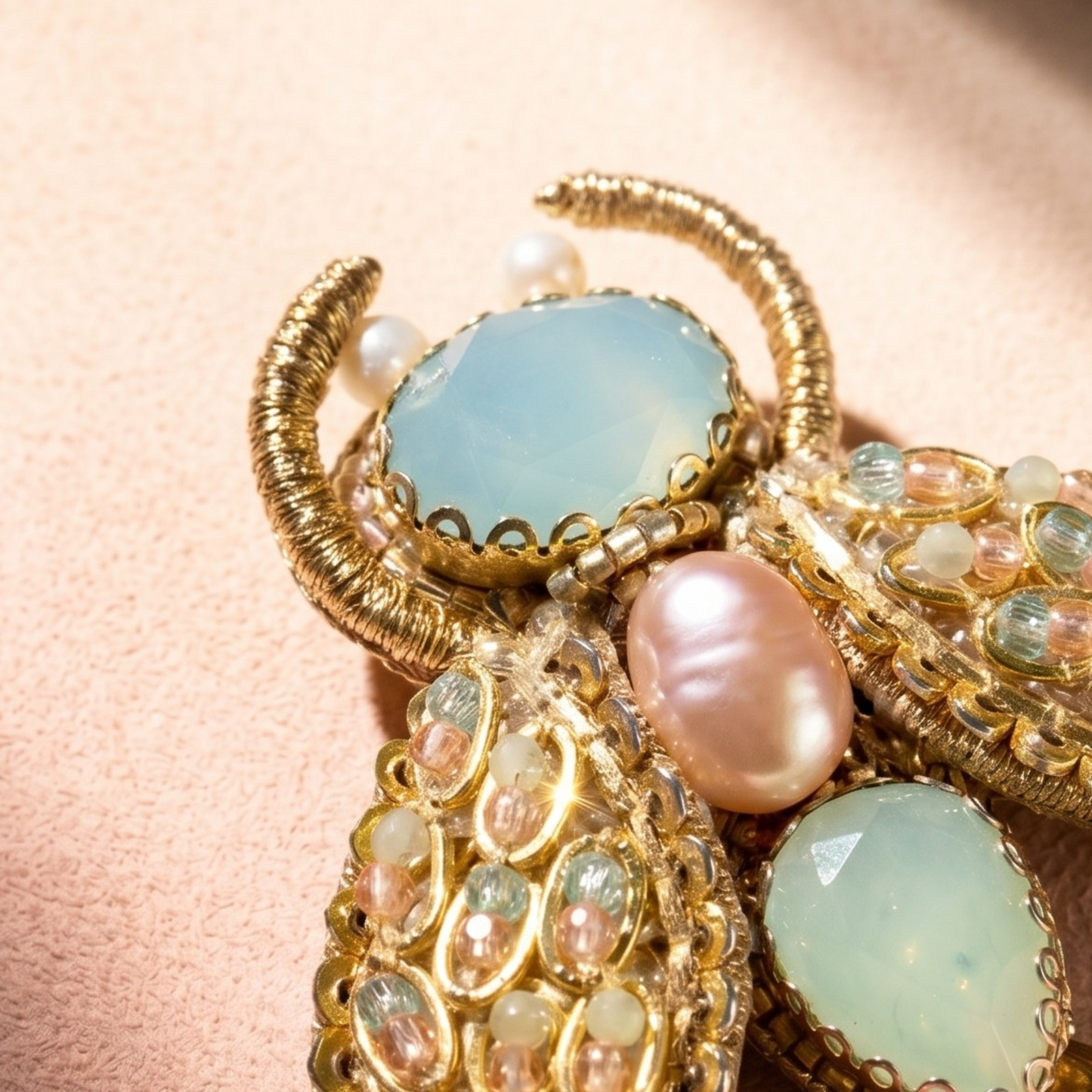 Beetle Brooch - Mint & Gold Beaded