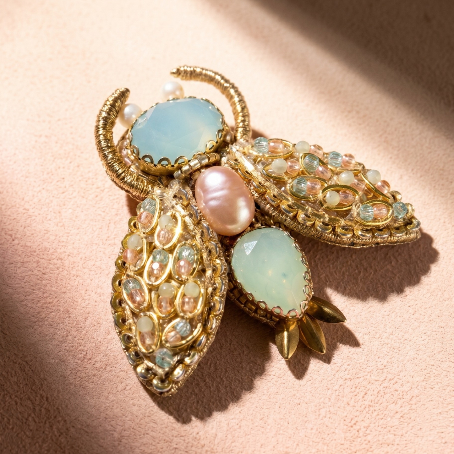 Beetle Brooch - Mint & Gold Beaded