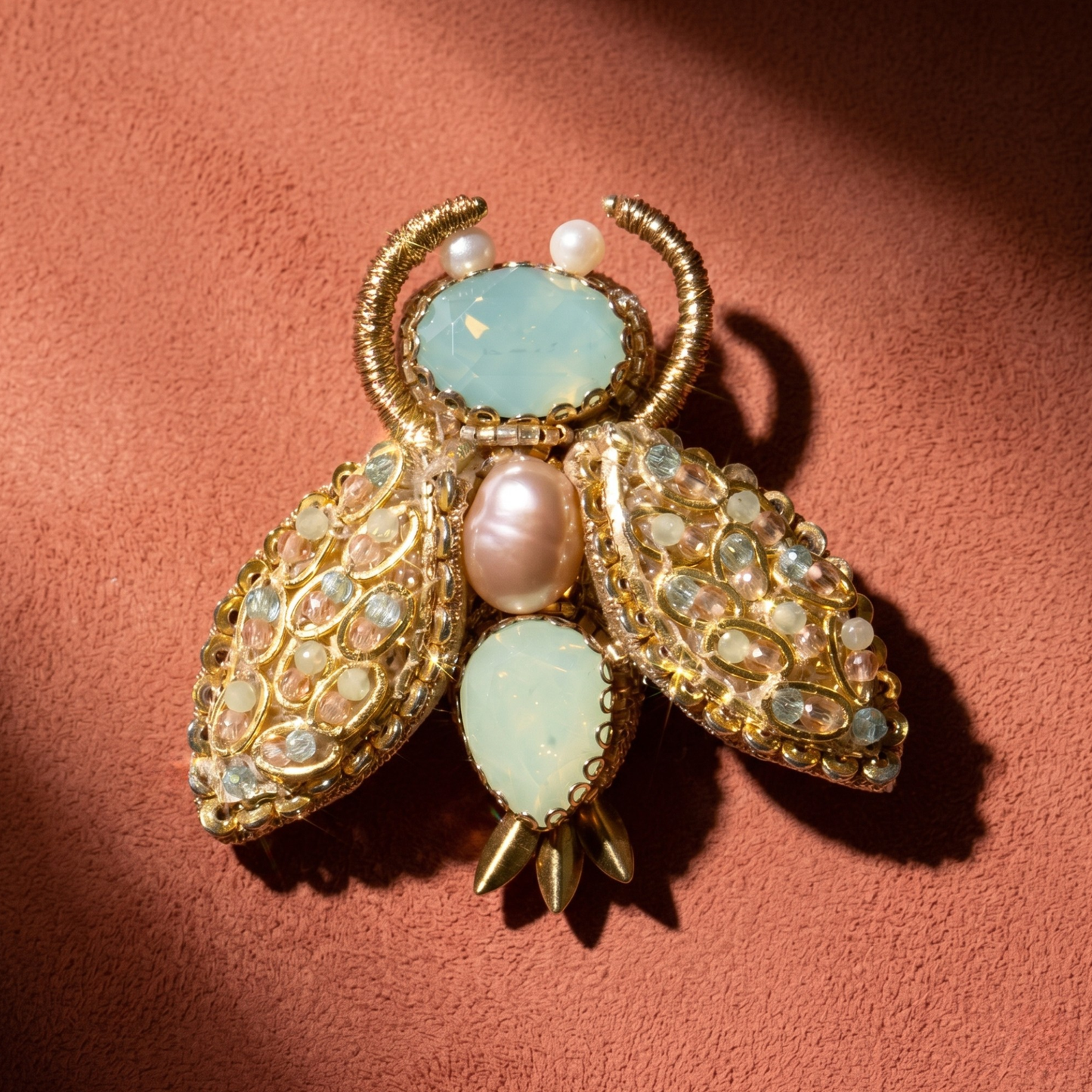Beetle Brooch - Mint & Gold Beaded