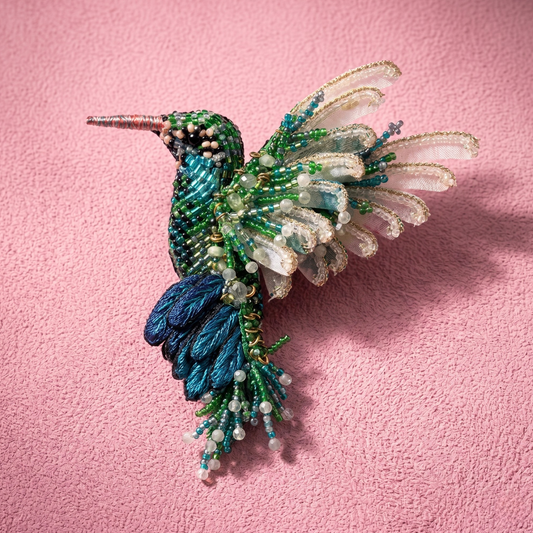 Hummingbird Beaded Brooch - Emerald