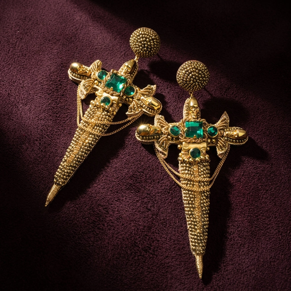 Dagger Beaded Earrings - Green & Gold