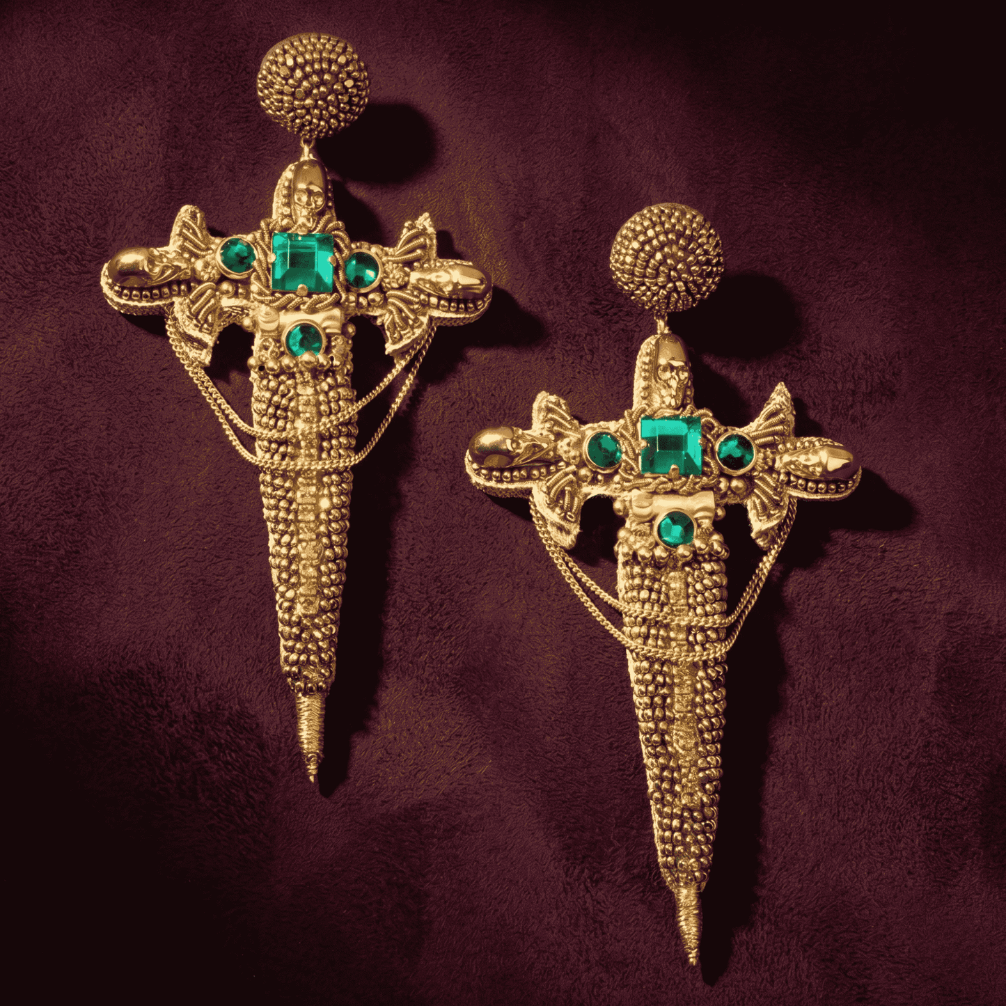 Dagger Beaded Earrings - Green & Gold