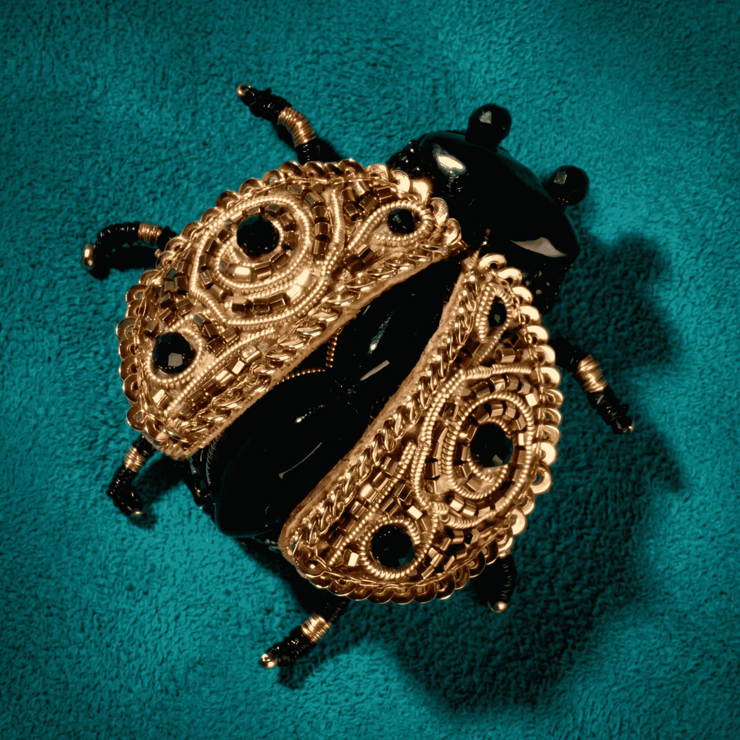 Ladybug Brooch - Black & Gold Beaded