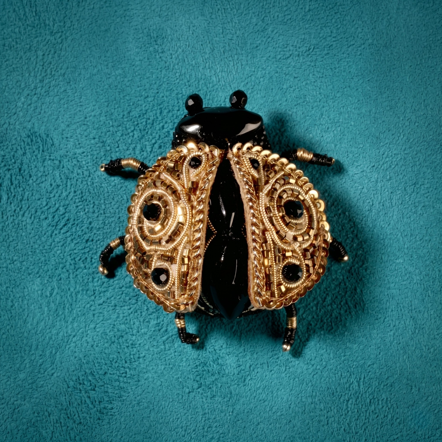 Ladybug Brooch - Black & Gold Beaded