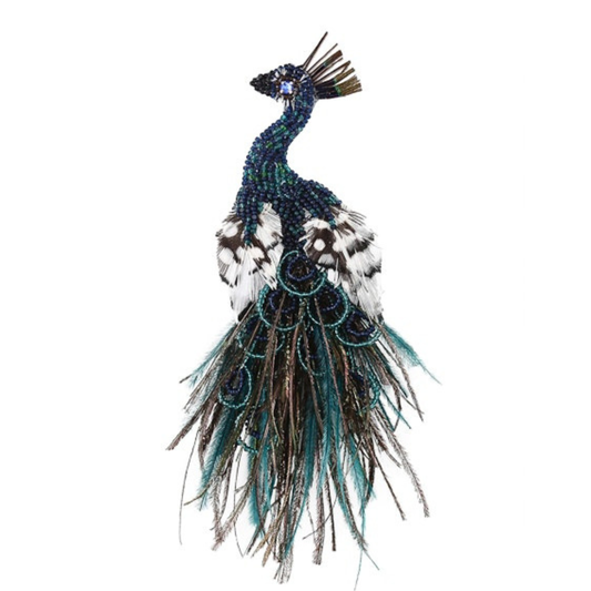 Peacock Brooch - Beaded with Feathers
