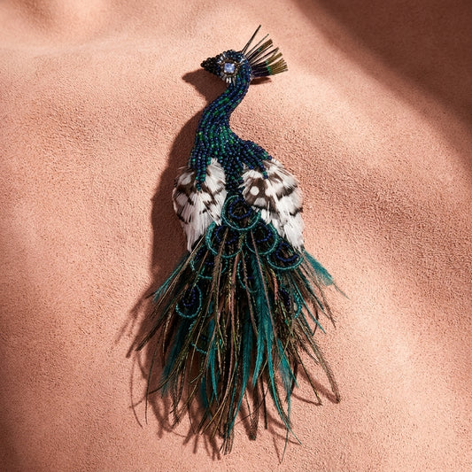 Peacock Brooch - Beaded with Feathers
