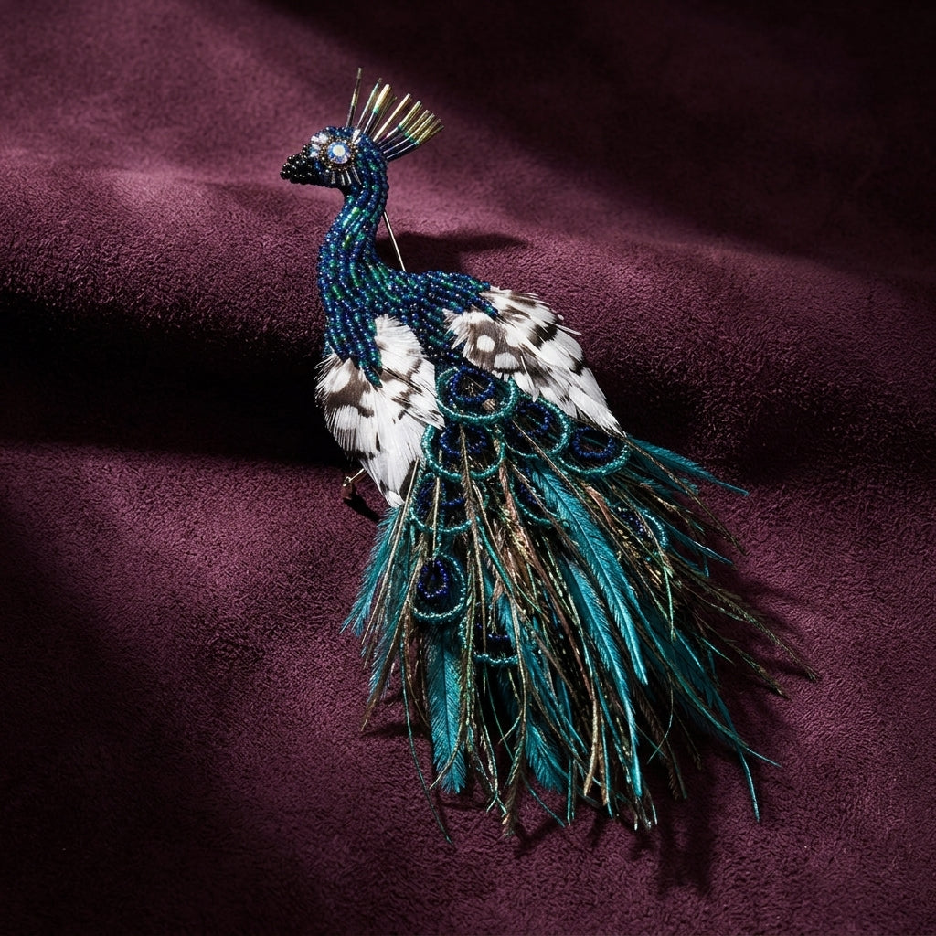 Peacock Brooch - Beaded with Feathers