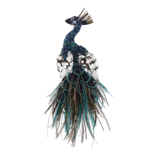 Peacock Brooch - Beaded with Feathers