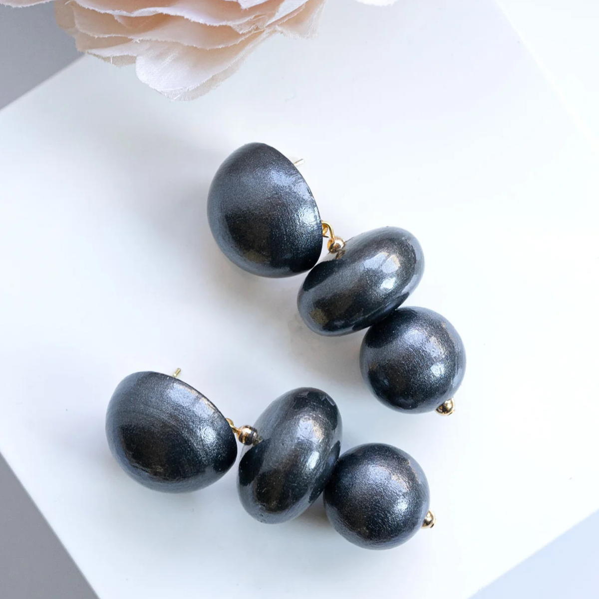 Nola Triple Bead Drop Earrings - Black Coral