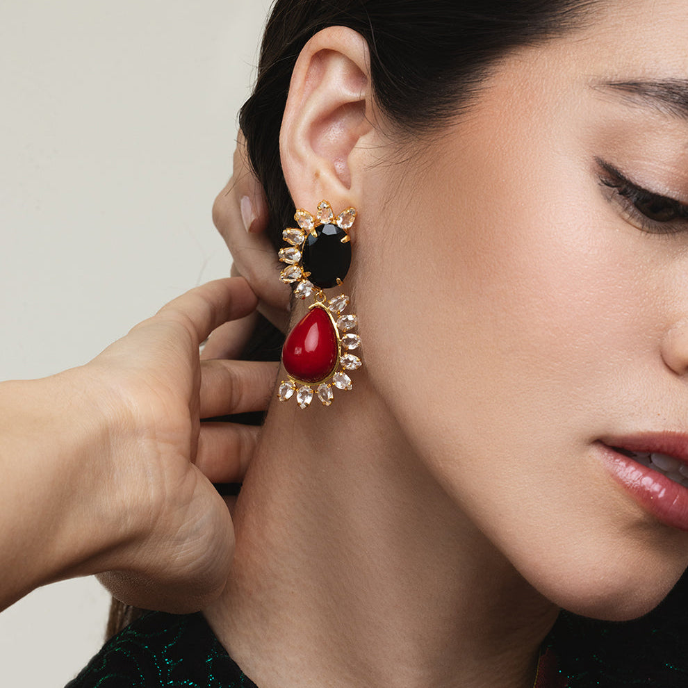 Krista Drop Earrings - Red Agate & Onyx
