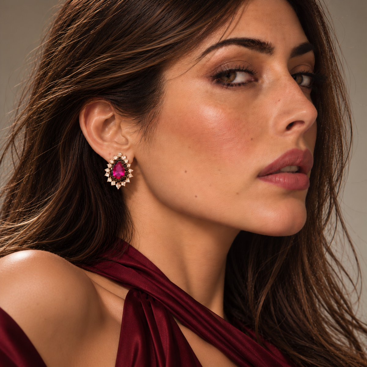 Leesha Crystal Teardrop Stud Earrings - Fuchsia
