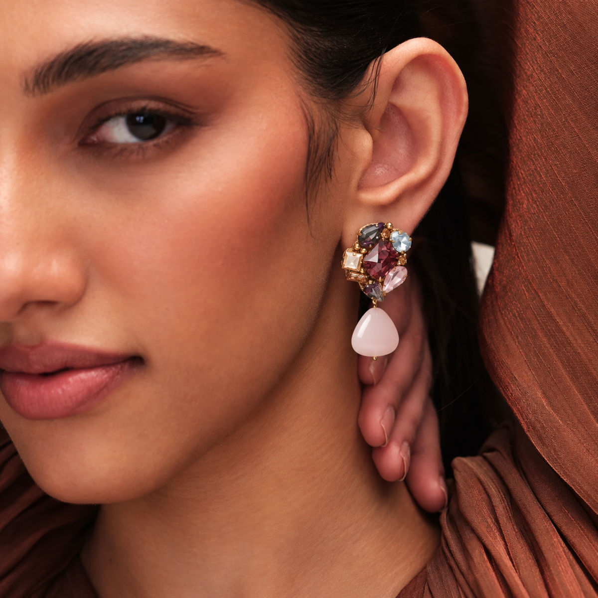 Kidar Crystal Cluster Drop Earrings - Pink