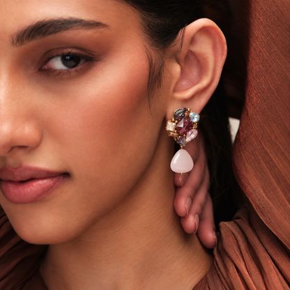 Kidar Crystal Cluster Drop Earrings - Pink