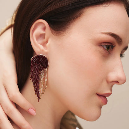 Sunil Art Deco Beaded Fringe Earrings - Maroon & Gold