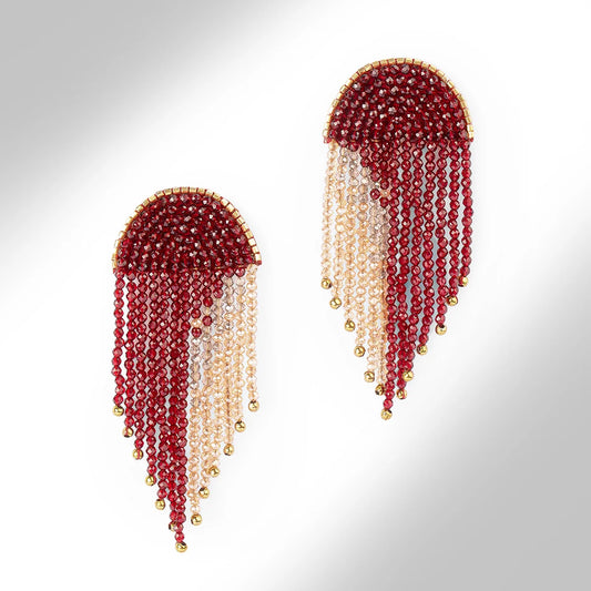 Sunil Art Deco Beaded Fringe Earrings - Maroon & Gold