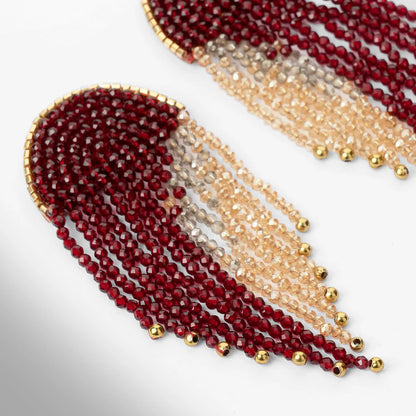 Sunil Art Deco Beaded Fringe Earrings - Maroon & Gold