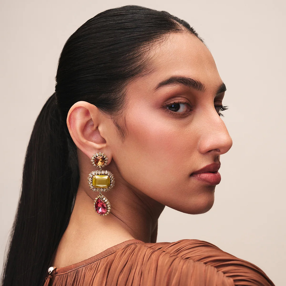 Sashi Geometric Crystal Drop Earrings - Olive & Pink