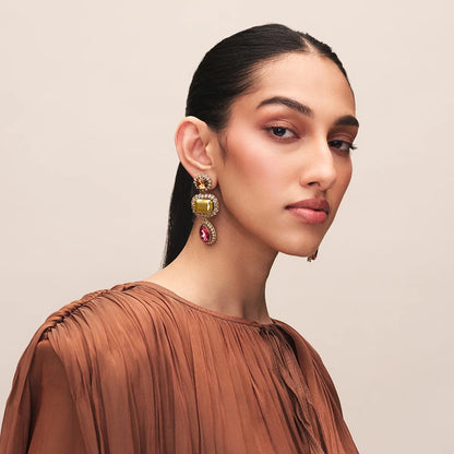 Sashi Geometric Crystal Drop Earrings - Olive & Pink