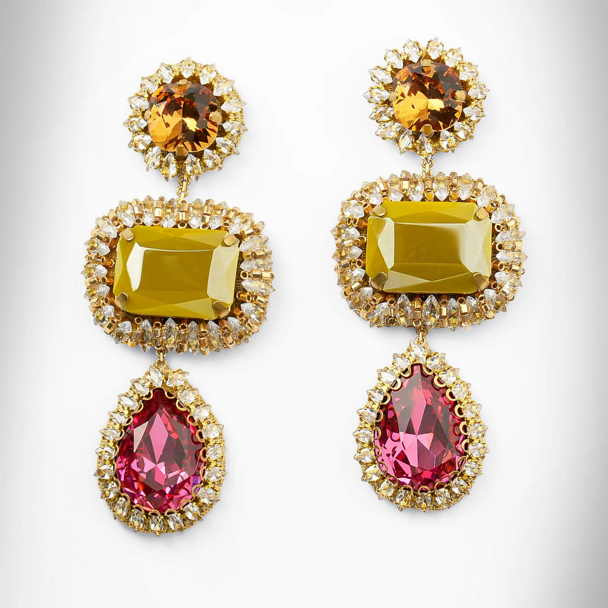 Sashi Geometric Crystal Drop Earrings - Olive & Pink