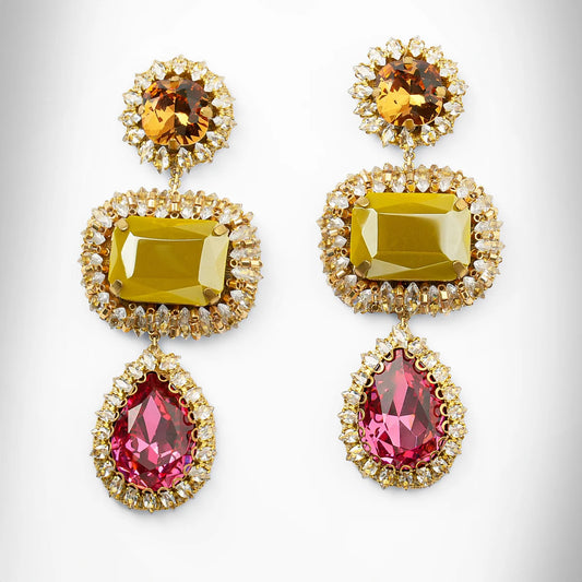 Sashi Geometric Crystal Drop Earrings - Olive & Pink